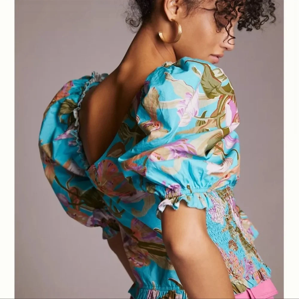 Anthropologie Floral Puff Sleeved Stylish Crop Top - Picture 2 of 5